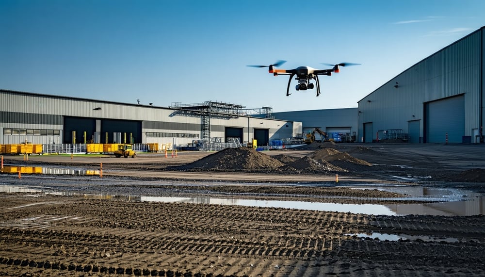 Drone survolant un site industriel pour captation de données techniques